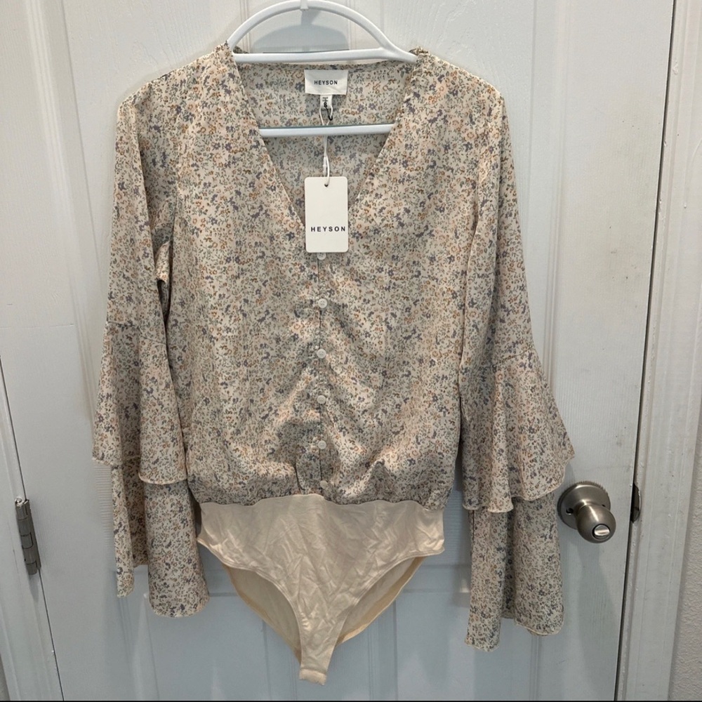 Heyson Cream Floral Button-Front Bodysuit Top